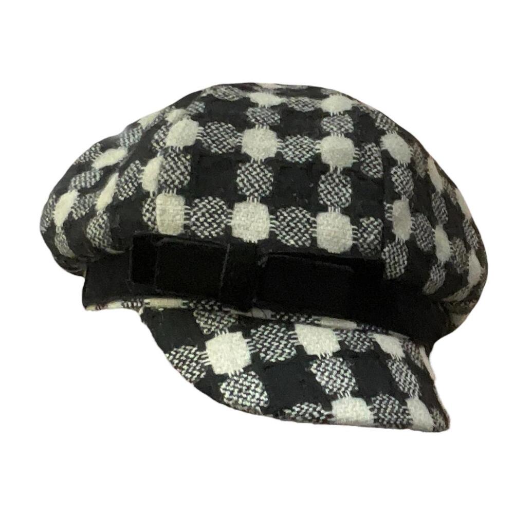 Black & White Woven Check Beret Hat with Bow Detail – Lined Tweed Cap